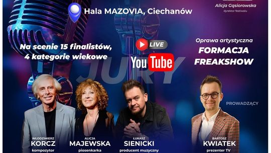 Plakat finału festiwalu „Hity Inaczej” w Ciechanowie z datą 10 października 2026 roku i zdjęciami jurorów oraz prowadzącego.