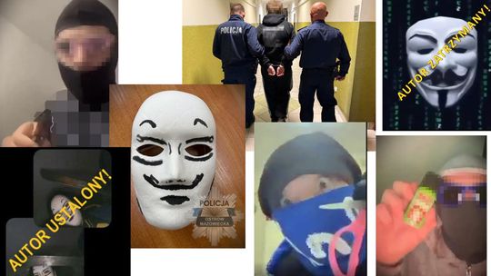 Kolaż policyjnych zdjęć: zamaskowane osoby, biała maska oraz osoba prowadzona korytarzem przez dwóch policjantów.