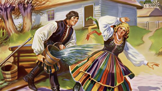 Obraz  - chłopiec polewa pannę wodą