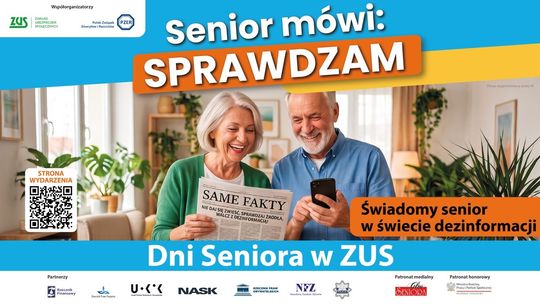 Grafika informacyjna akcji Dni Seniora w ZUS z hasłem Senior mówi SPRAWDZAM oraz wizerunkiem starszej kobiety z gazetą i starszego mężczyzny ze smartfonem.