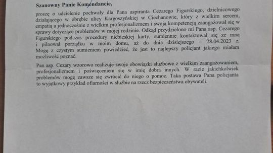 Dzielnicowy z Ciechanowa otrzymuje pochwałę za ofiarność i profesjonalizm 