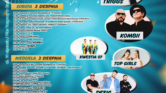Plakat Jarmarku Raciąskiego 2025 z datą 1-3 sierpnia, logiem 600-lecia miasta Raciąż i zdjęciami zespołów: Kombii, Tribbs, Kwestia 07, Top Girls, Defis.