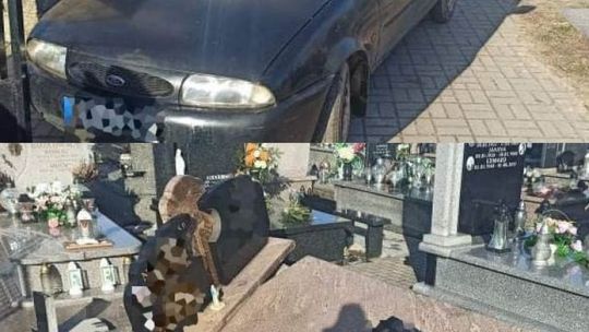 Jazda po cmentarzu zakończyła się uszkodzeniem bramy i nagrobka