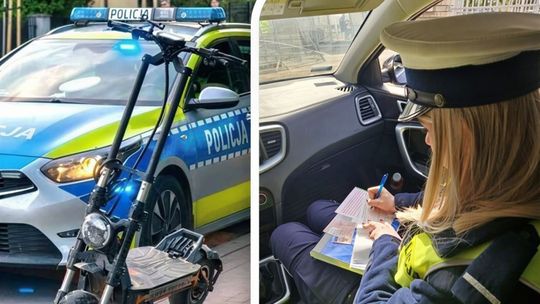 Policjantka kontroluje młodą osobę jadącą hulajnogą elektryczną w Pułtusku