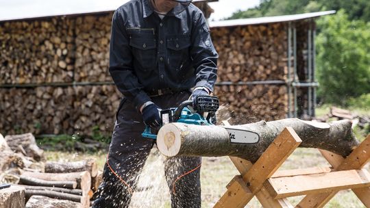 Mężczyzna tnie drzewo pilarką