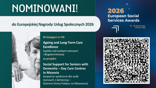Grafika informująca o nominacji MCPS do European Social Services Awards 2026, z fotografią starszej kobiety, nazwą projektu dziennych domów pobytu i kodem QR.