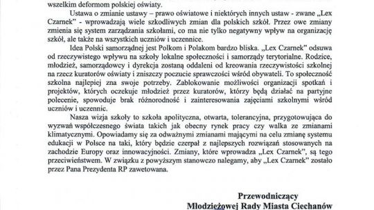 Młodzieżowa Rada Miasta Ciechanów wystosowała list do Prezydenta Andrzeja Dudy