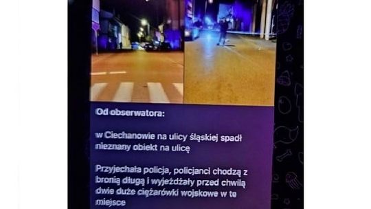 Fotografia policyjnych radiowozów na ulicy Śląskiej w Ciechanowie, wykorzystana w dezinformacji o zestrzelonych dronach.