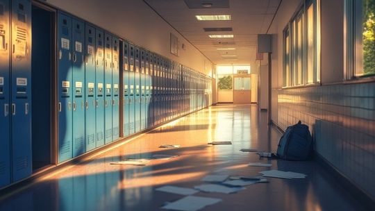 Pusty szkolny korytarz z niebieskimi szafkami, plecakiem przy ścianie i kartkami rozrzuconymi na podłodze.