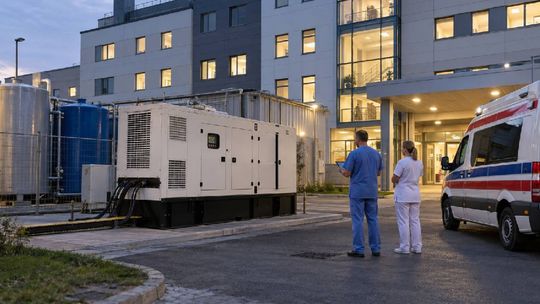 Ilustracja przedstawiająca agregat awaryjny i karetkę przed budynkiem szpitala