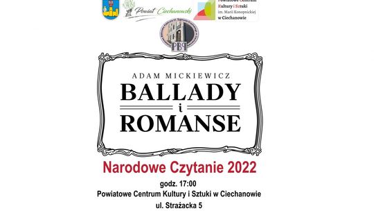 Tegoroczne "Narodowe Czytanie" odbędzie  3 września - w Ciechanowie przy lub w budynku Powiatowego Centrum Kultury i Sztuki w Ciechanowie