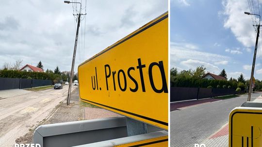 Zakończony remont ulicy Prostej w Płońsku, widoczna nowa nawierzchnia i chodnik.