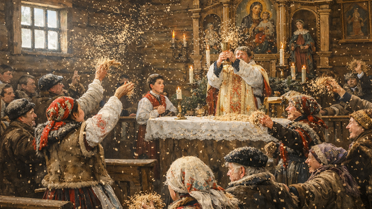 Obrazek na którym wierni obsypują księdza owsem
