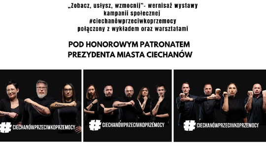 Plakat wydarzenia #ciechanowprzeciwkoprzemocy w Ciechanowie z informacjami o dacie, miejscu i prelegentkach.