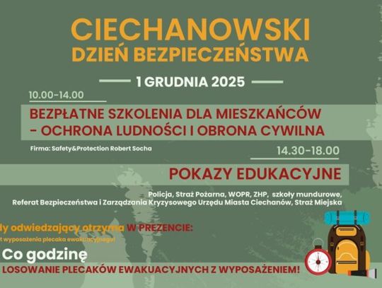 Ciechanów. Bezpłatne szkolenia i losowanie plecaków ewakuacyjnych