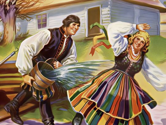 Obraz  - chłopiec polewa pannę wodą