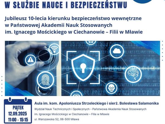 Plakat zapowiadający obchody 10-lecia kierunku Bezpieczeństwo Wewnętrzne w PANS w Mławie.
