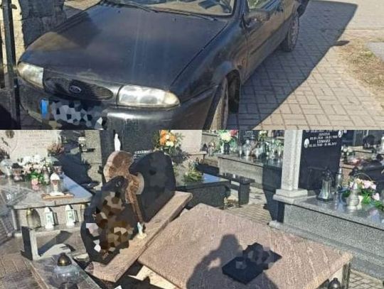 Jazda po cmentarzu zakończyła się uszkodzeniem bramy i nagrobka
