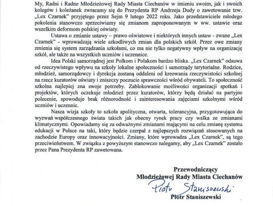 Młodzieżowa Rada Miasta Ciechanów wystosowała list do Prezydenta Andrzeja Dudy
