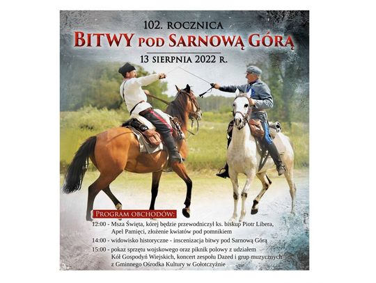 Obchody 102 rocznicy Bitwy pod Sarnową Górą odbędą się 13 sierpnia. Oprócz części oficjalnej będzie widowisko i piknik 