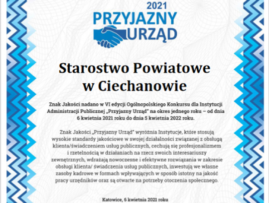 Starostwo Powiatowe w Ciechanowie laureatem prestiżowego konkursu!
