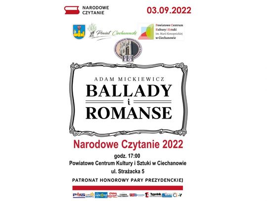 Tegoroczne "Narodowe Czytanie" odbędzie  3 września - w Ciechanowie przy lub w budynku Powiatowego Centrum Kultury i Sztuki w Ciechanowie