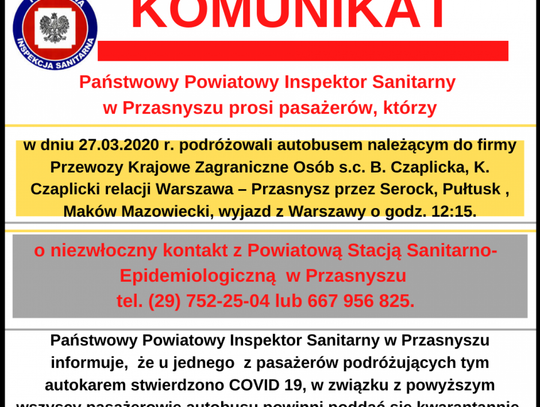U jednej z osób podróżujących autobusem w naszym regionie stwierdzono COVID -19