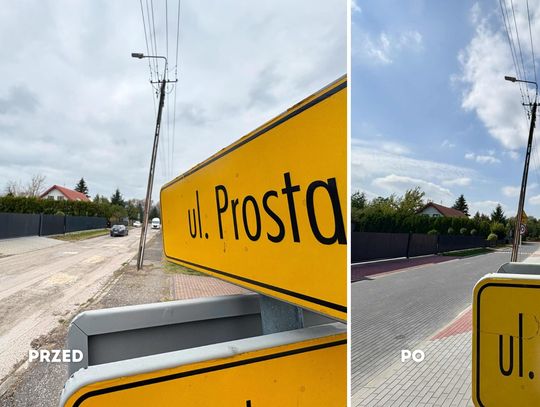 Zakończony remont ulicy Prostej w Płońsku, widoczna nowa nawierzchnia i chodnik.