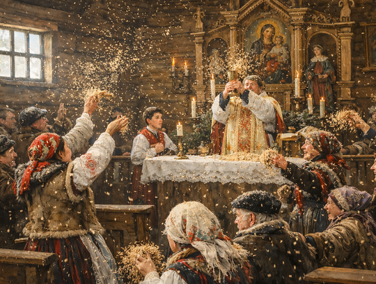 Obrazek na którym wierni obsypują księdza owsem