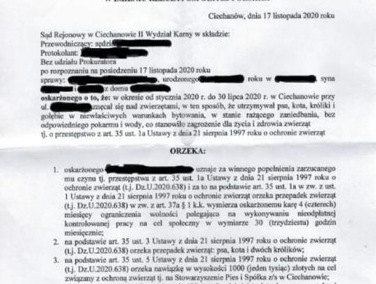 Znęcał się nad zwierzętami. Sąd w Ciechanowie wydał wyrok.