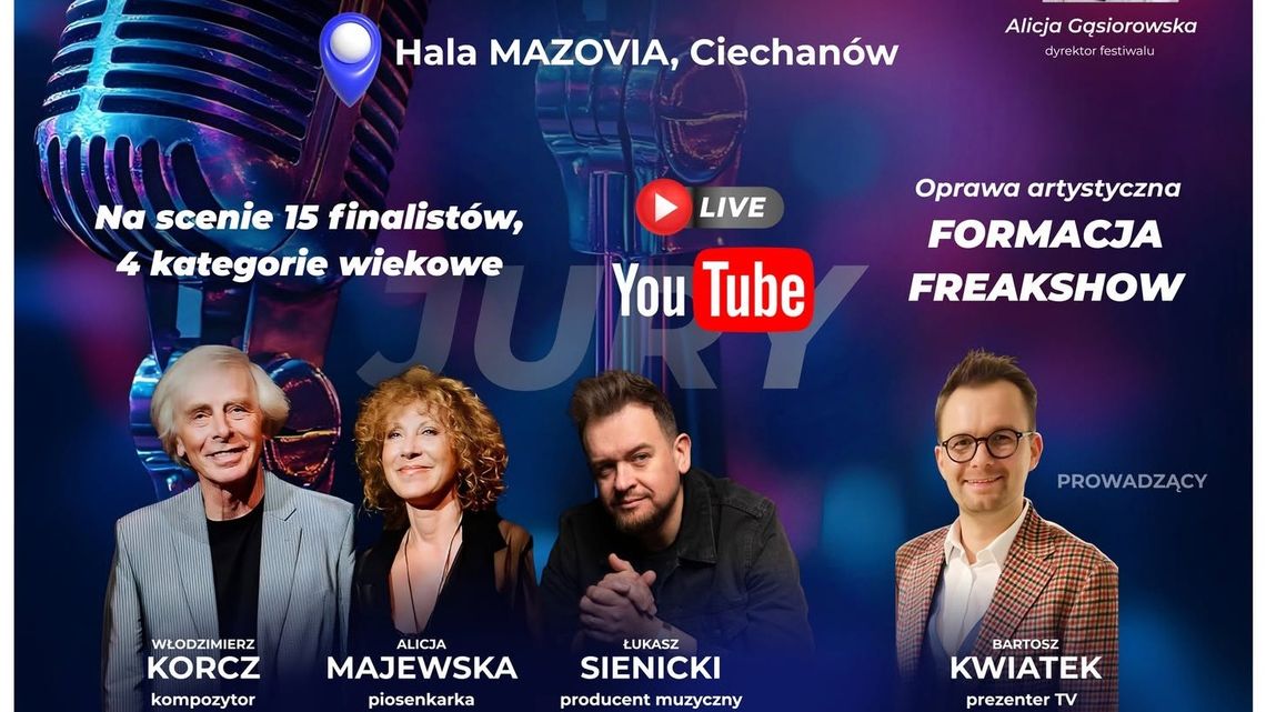 15 finalistów „Hitów Inaczej” zaśpiewa w Ciechanowie. Gala 10 października Plakat finału festiwalu „Hity Inaczej” w Ciechanowie z datą 10 października 2026 roku i zdjęciami jurorów oraz prowadzącego.