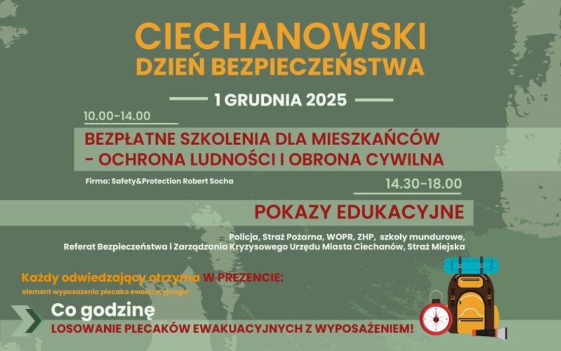 Ciechanów. Bezpłatne szkolenia i losowanie plecaków ewakuacyjnych