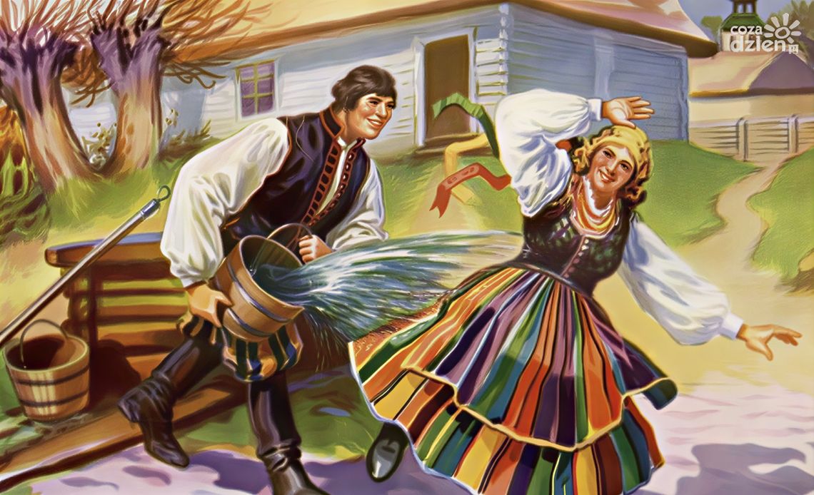 Co oznacza zwyczaj oblewania się wodą ? Obraz - chłopiec polewa pannę wodą