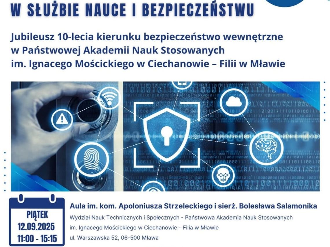 Plakat zapowiadający obchody 10-lecia kierunku Bezpieczeństwo Wewnętrzne w PANS w Mławie.