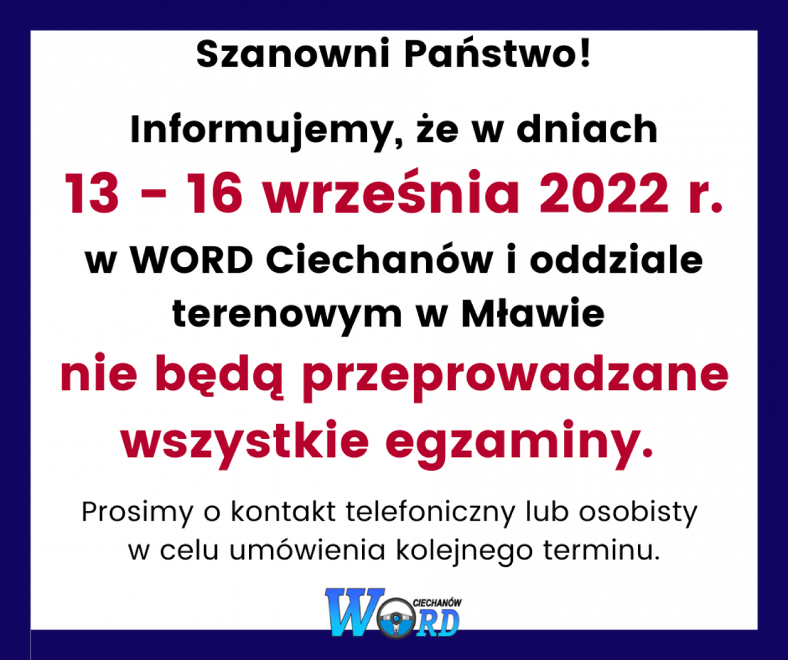 Egzaminów na prawo jazdy w Ciechanowie nie będzie w tym tygodniu