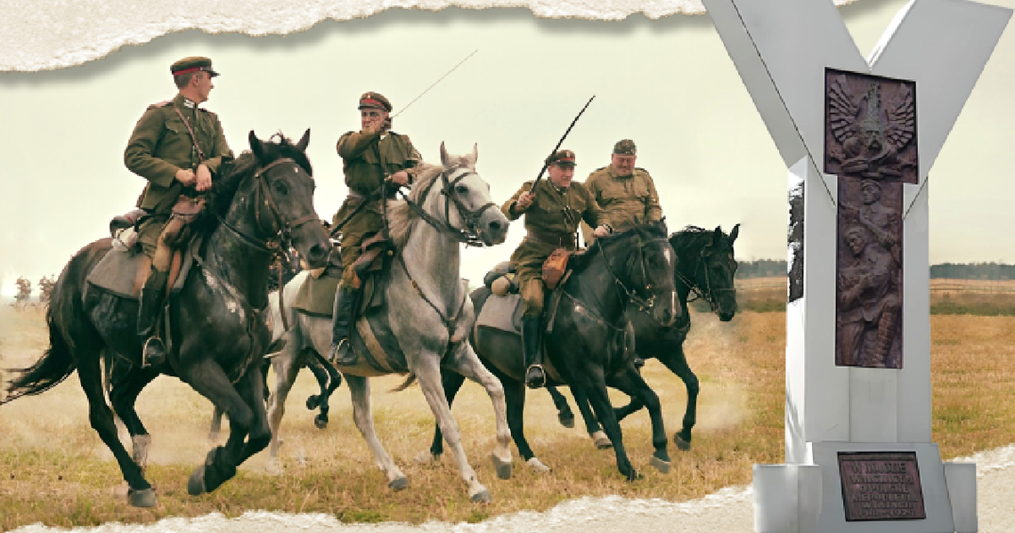 Rekonstruktorzy historyczni na koniach w strojach ułanów