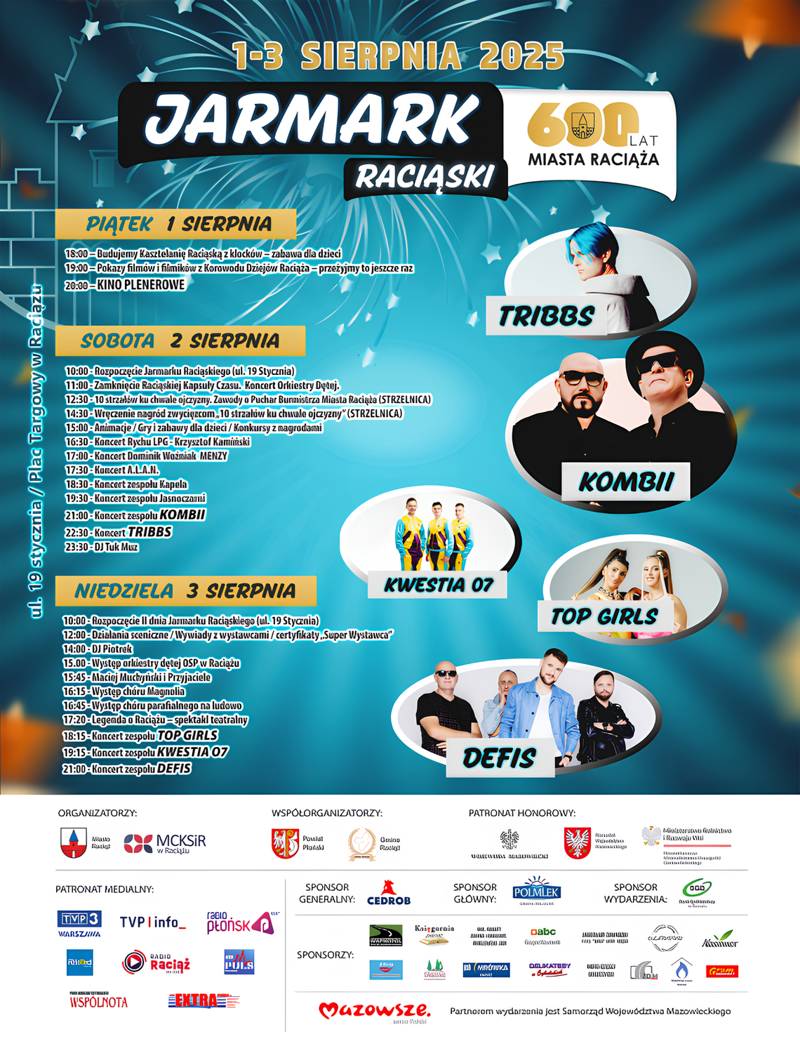 Plakat Jarmarku Raciąskiego 2025 z datą 1-3 sierpnia, logiem 600-lecia miasta Raciąż i zdjęciami zespołów: Kombii, Tribbs, Kwestia 07, Top Girls, Defis.