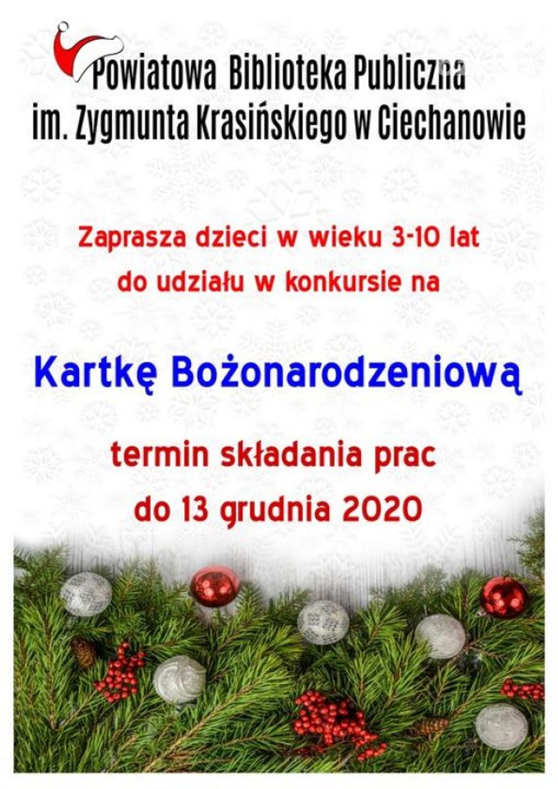 Konkurs na Kartkę Bożonarodzeniową 2020 w Powiatowej Bibliotece Publicznej w Ciechanowie