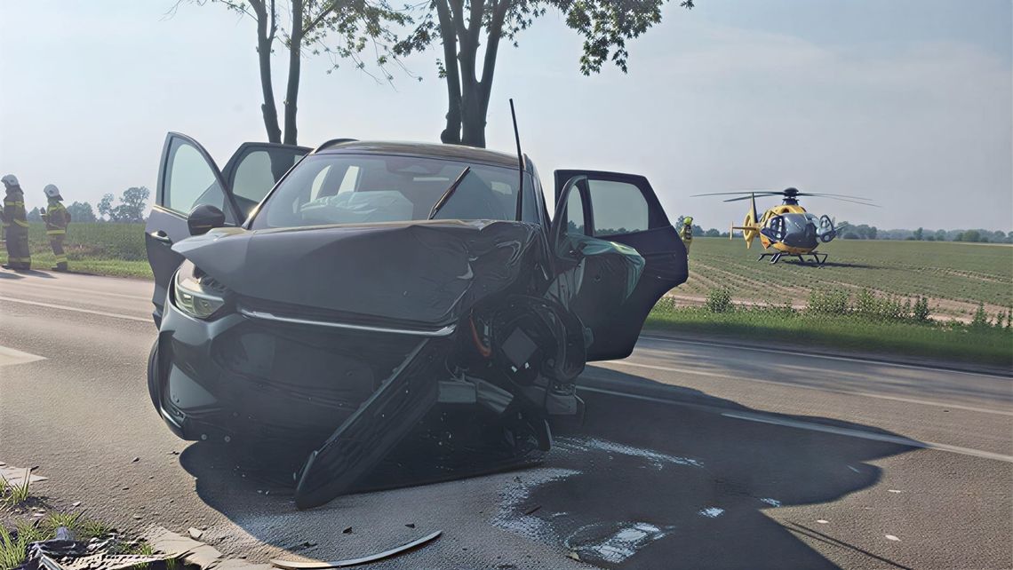 Uderzone auto, a w tle śmigłowiec LPR