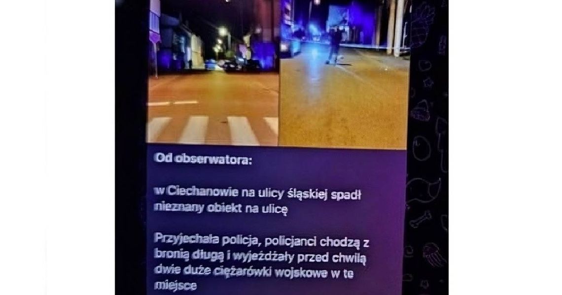Fotografia policyjnych radiowozów na ulicy Śląskiej w Ciechanowie, wykorzystana w dezinformacji o zestrzelonych dronach.