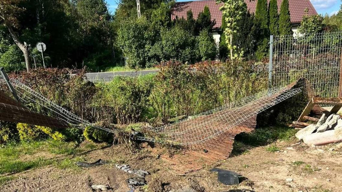 Powalone i pogięte metalowe przęsło ogrodzenia z brązową matą osłonową leżące na posesji przy krzewach i drodze.