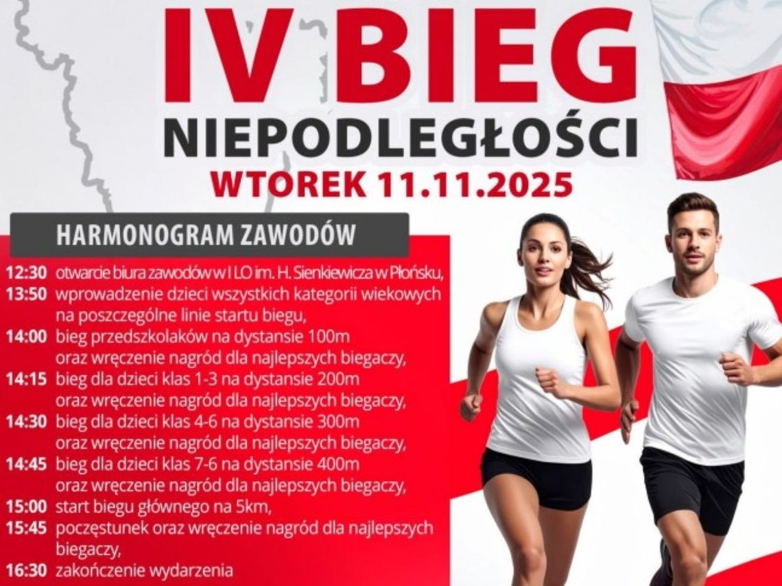 Płońsk zaprasza na IV Bieg Niepodległości. Sprawdź harmonogram i atrakcje! Plakat - Bieg Niepodległości w Płońsku