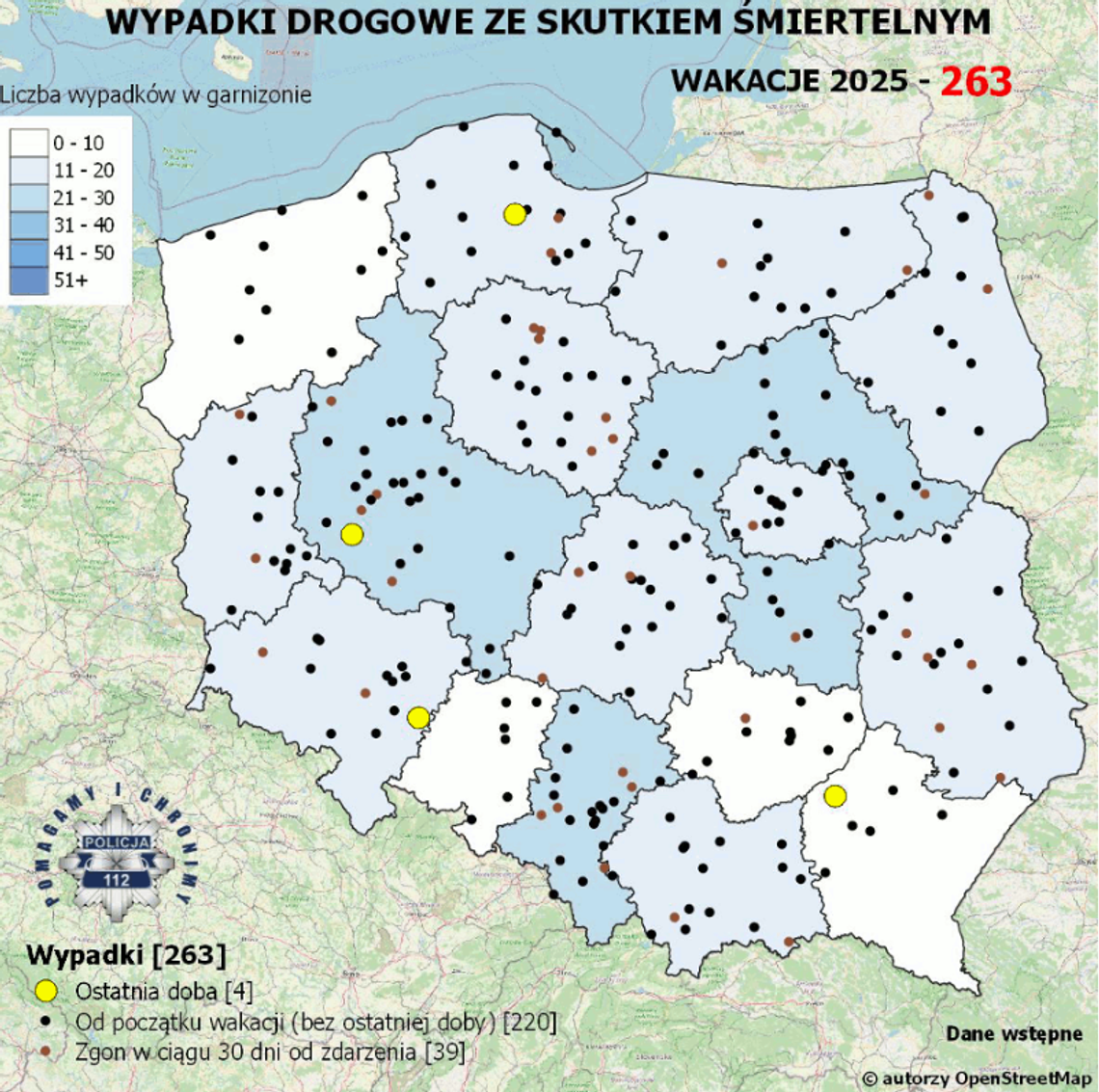 Policyjna mapa wypadków drogowych ze skutkiem śmiertelnym – Wakacje 2025