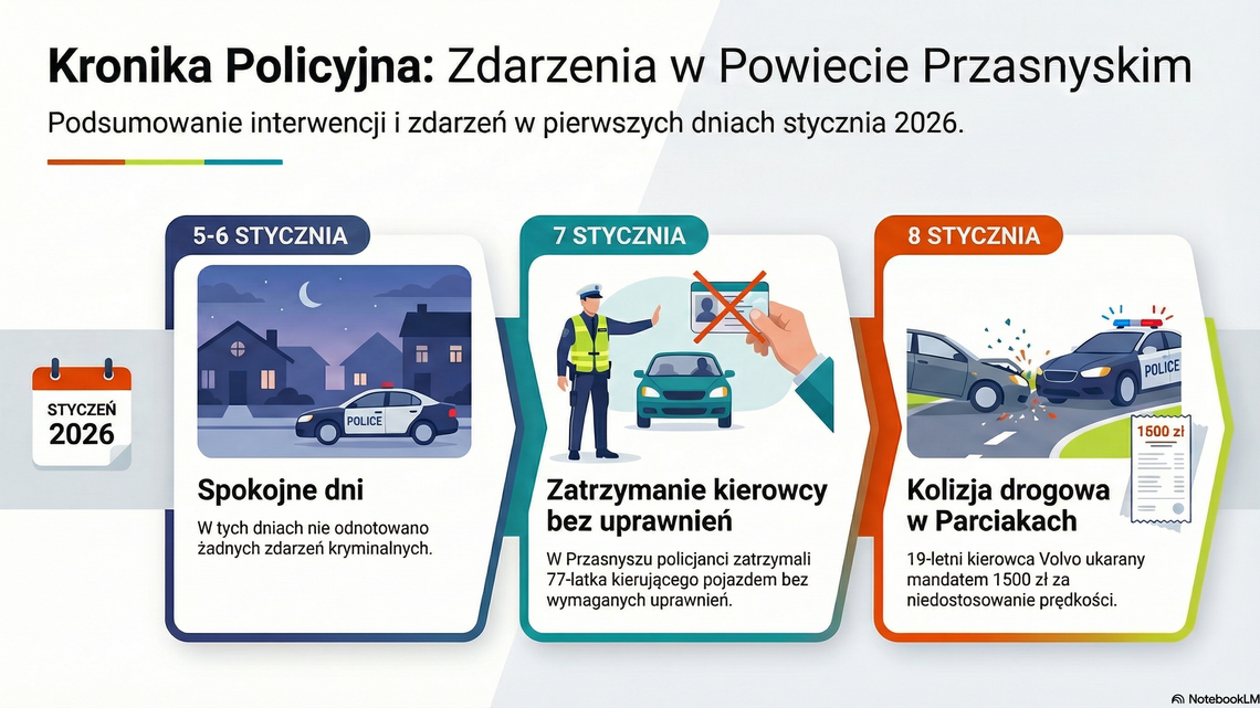 Policyjne podsumowanie tygodnia w powiecie przasnyskim. Kolizja w Parciakach i senior bez uprawnień Infografika - kronika policyjna