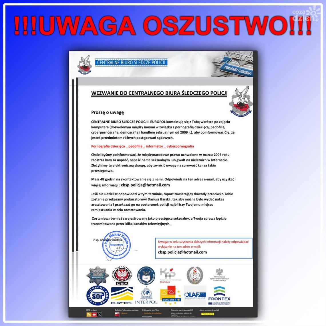 Przestępcy podszywają się pod policjantów CBŚP za pomocą poczty e-mail 