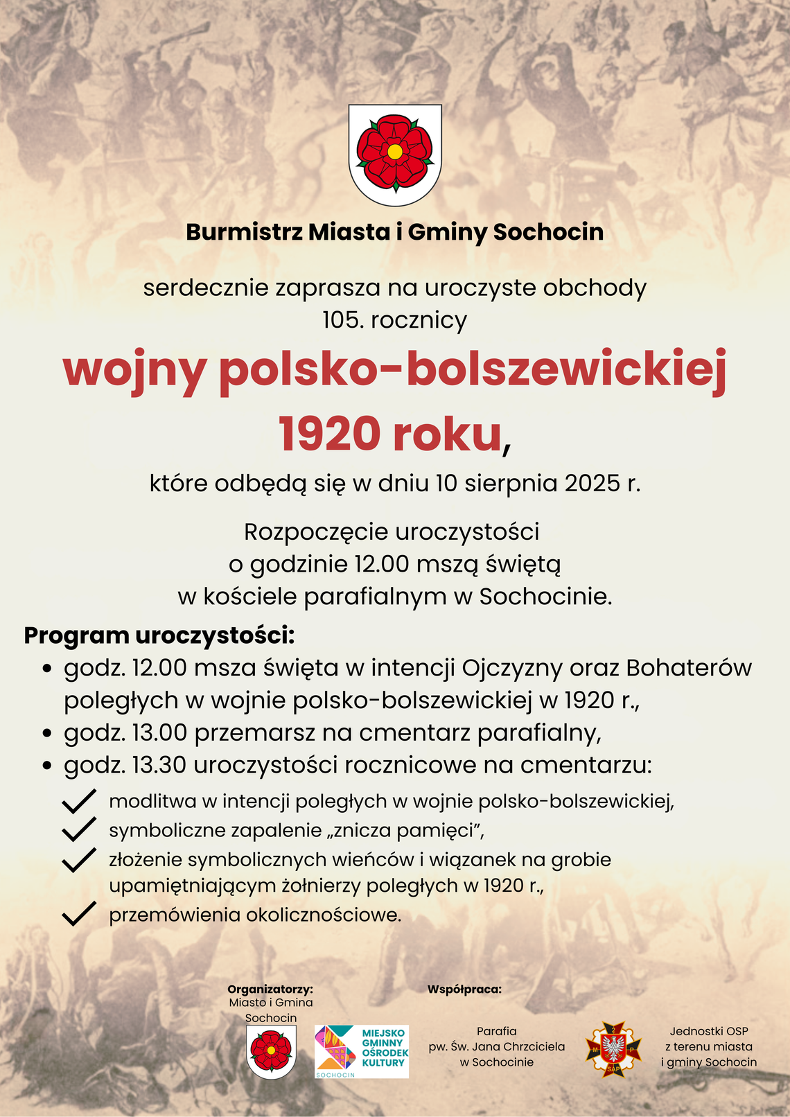 Plakat zapraszający na obchody 105. rocznicy wojny polsko-bolszewickiej w Sochocinie.