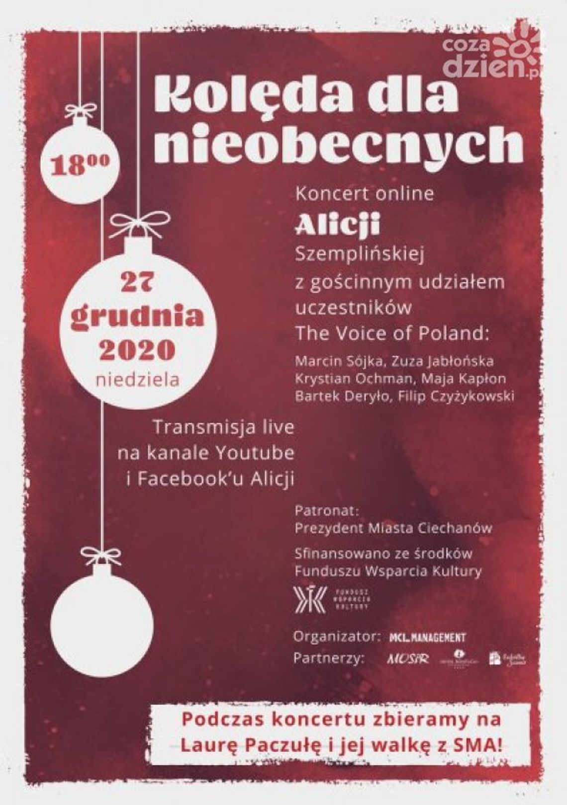 Świąteczny koncert online w Ciechanowie! Wystąpi Alicja Szemplińska i uczestnicy "The Voice of Poland"