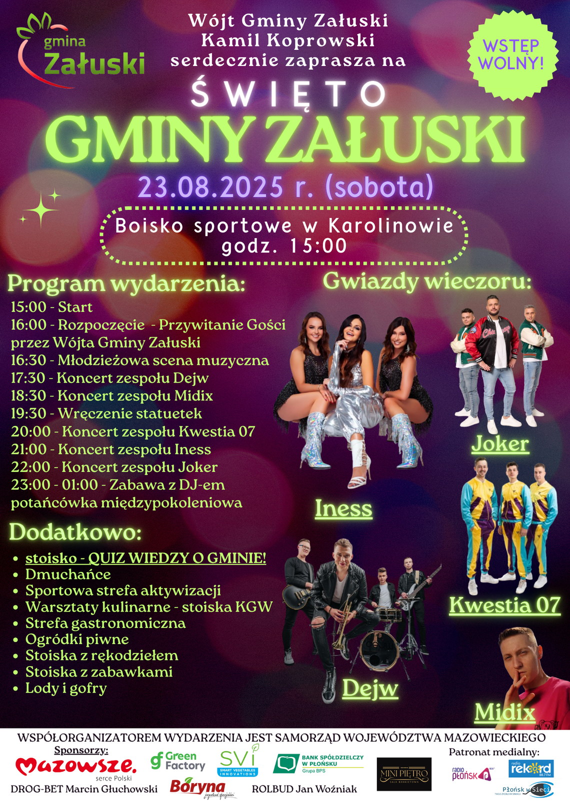 Plakat promujący Święto Gminy Załuski 2025 z listą gwiazd, datą i programem wydarzenia.
