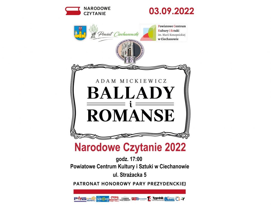 Tegoroczne "Narodowe Czytanie" odbędzie 3 września - w Ciechanowie przy lub w budynku Powiatowego Centrum Kultury i Sztuki w Ciechanowie Tegoroczne "Narodowe Czytanie" odbędzie 3 września - w Ciechanowie przy lub w budynku Powiatowego Centrum Kultury i Sztuki w Ciechanowie