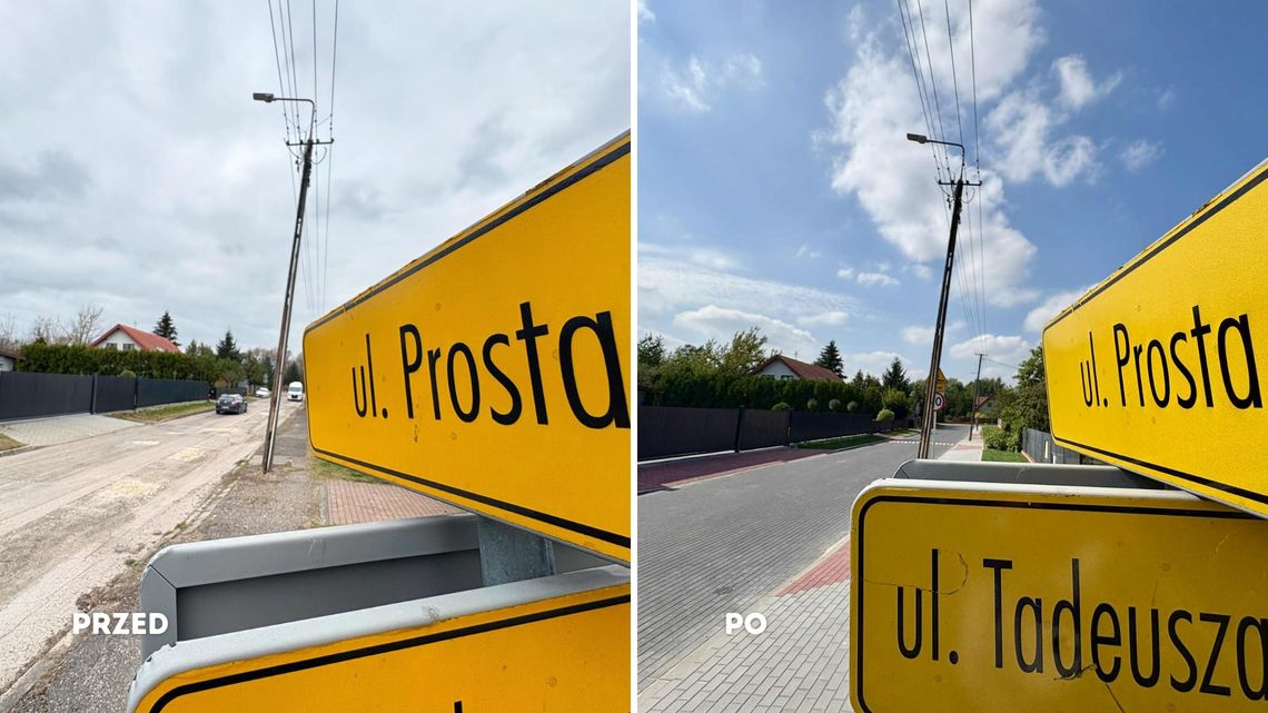 Zakończony remont ulicy Prostej w Płońsku, widoczna nowa nawierzchnia i chodnik.